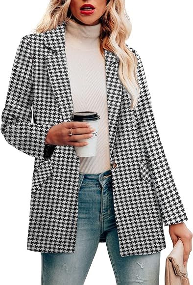 CRAZY GRID Womens Long Sleeve Blazer Jacket Open Front Work Office Blazer Button Jacket | Amazon (US)