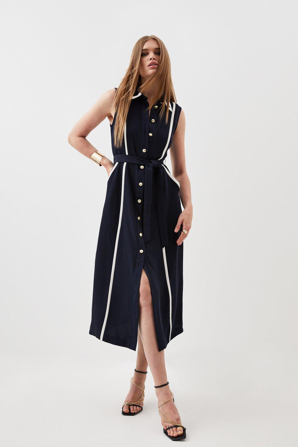 Soft Tailored Pipe Detail Sleeveless Shirt Dress | Karen Millen UK + IE + DE + NL