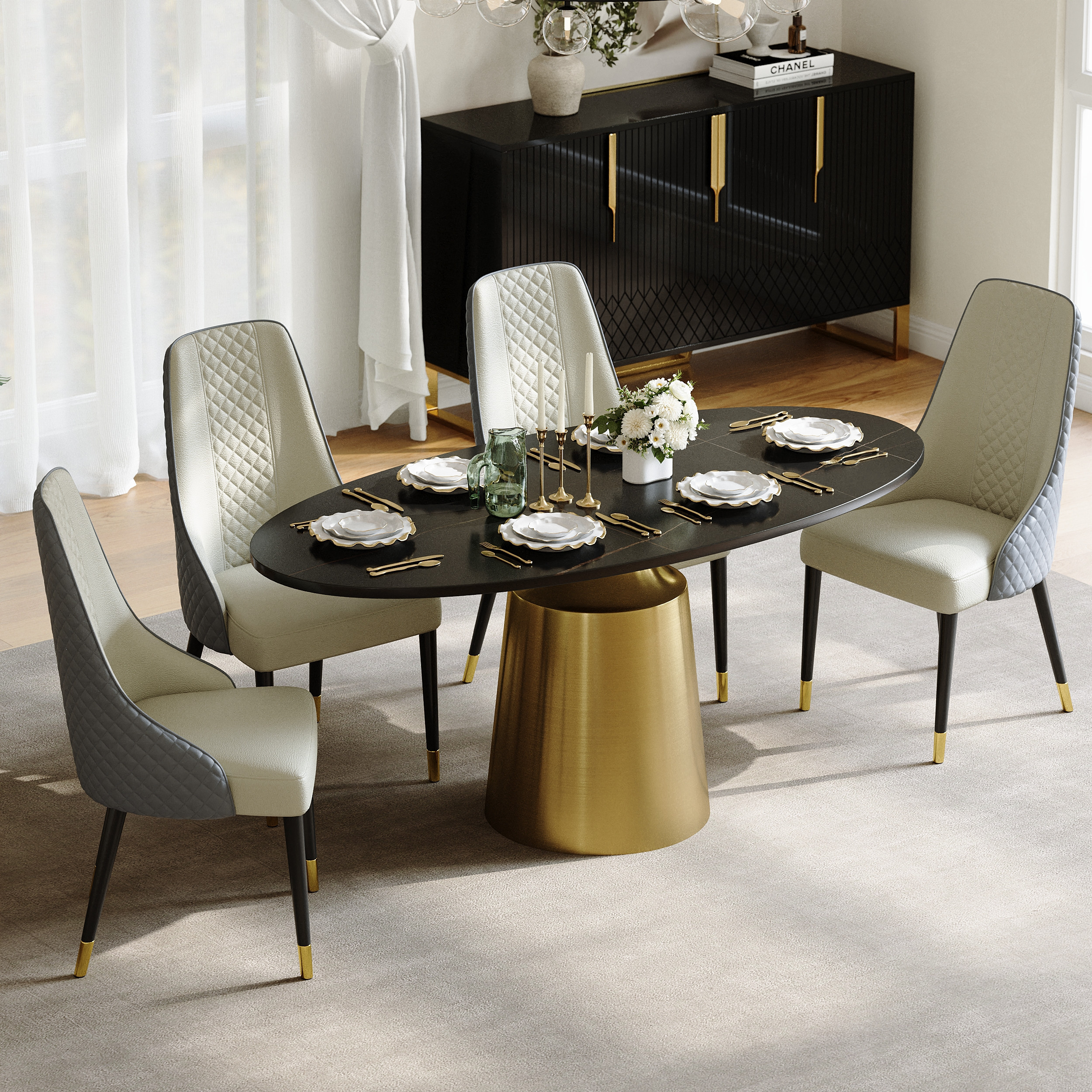 63"" Modern Oval Faux Marble Top Dining Table with Bronze Carbon Steel Base | Homary