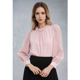 3D Petal Neckline Semi-Sheer Top in Pink | Chicwish