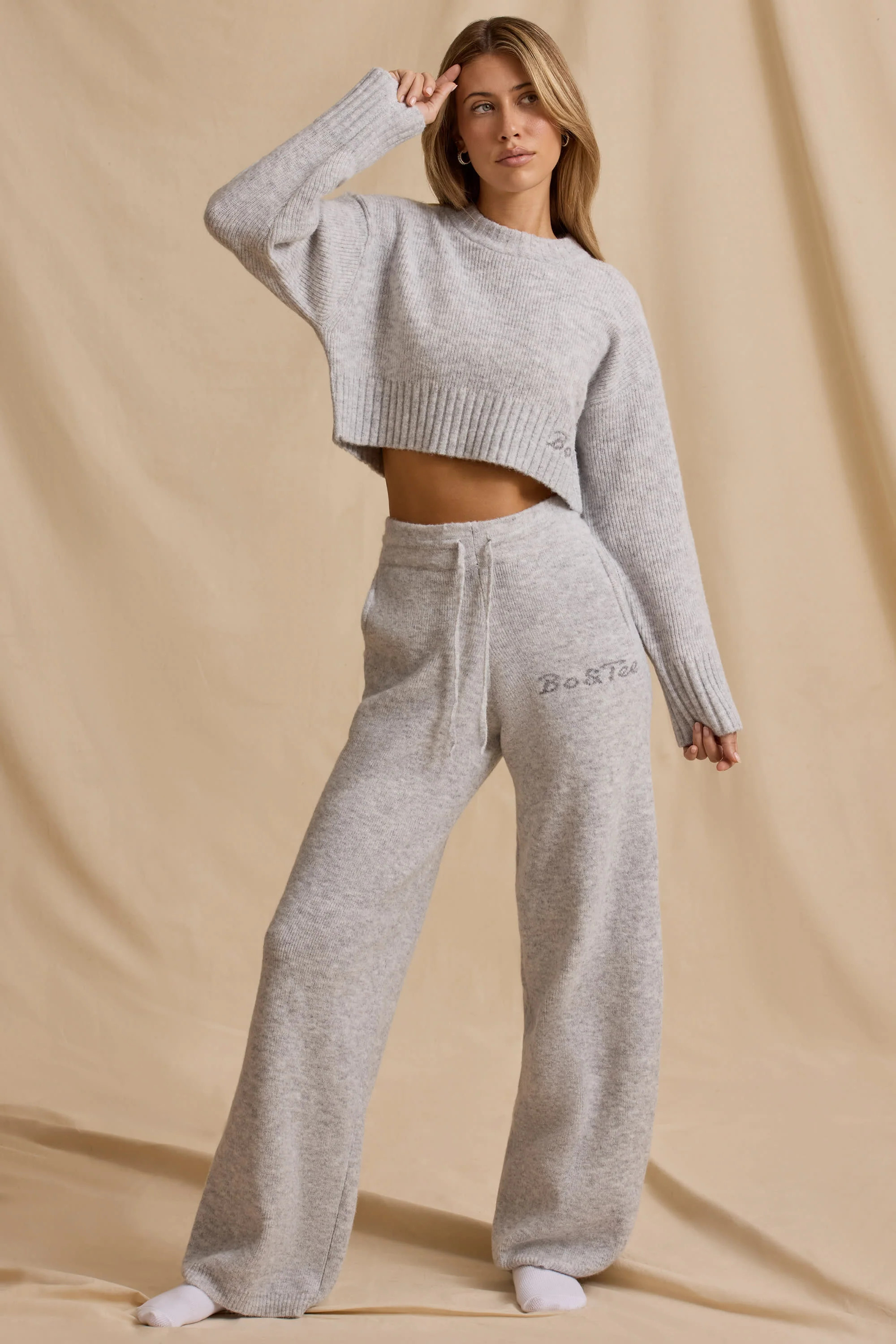 Mid-Rise Wide-Leg Joggers in Ice Marl | Oh Polly