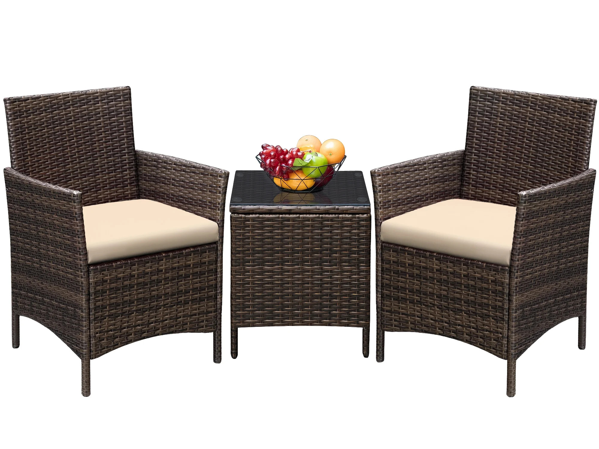 Devoko 3 Pieces Patio Conversation Set PE Rattan Wicker Chairs with Coffee Table, Brown/Beige - W... | Walmart (US)