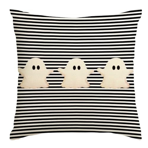ARGOOFG Halloween Pillow Cover 18x18 White Ghost Decor Black Stripe Happy Halloween Outdoor Lumbar Decorations for Sofa Chair Bed (White, 18"x18") | Amazon (US)