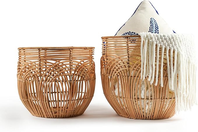 Set Of 2 Large Woven Blanket Baskets | Round Wicker Rattan Storage Floor Baskets for Shoe In Livi... | Amazon (US)