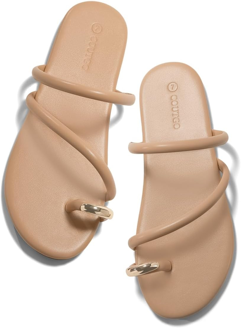 Coutgo Womens Strappy Flat Sandals Square Open Toe Flip Flops Slides Toe Ring Summer Dress Shoes | Amazon (US)