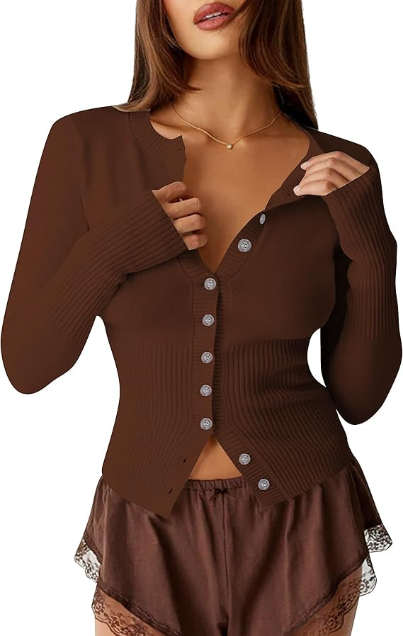 Womens Open Front Button Up Cropped Cardigan Ribbed Knit Long Sleeve Shirt Casual Solid Crop Top ... | Amazon (US)