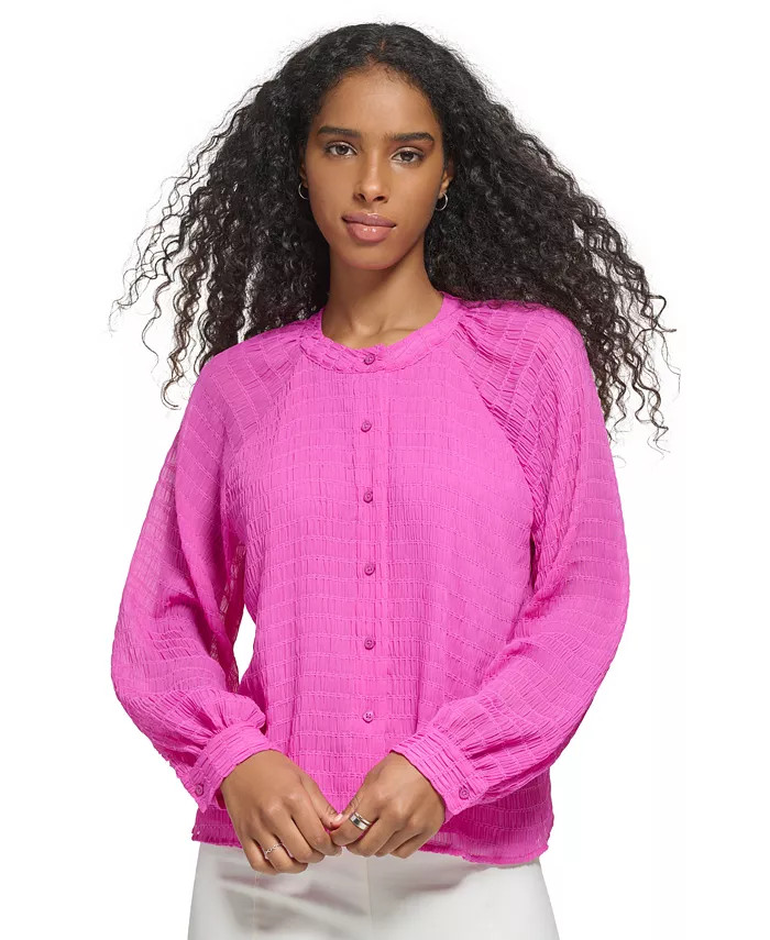 Calvin Klein Long Sleeve Textured Chiffon Blouse  & Reviews - Tops - Women - Macy's | Macys (US)