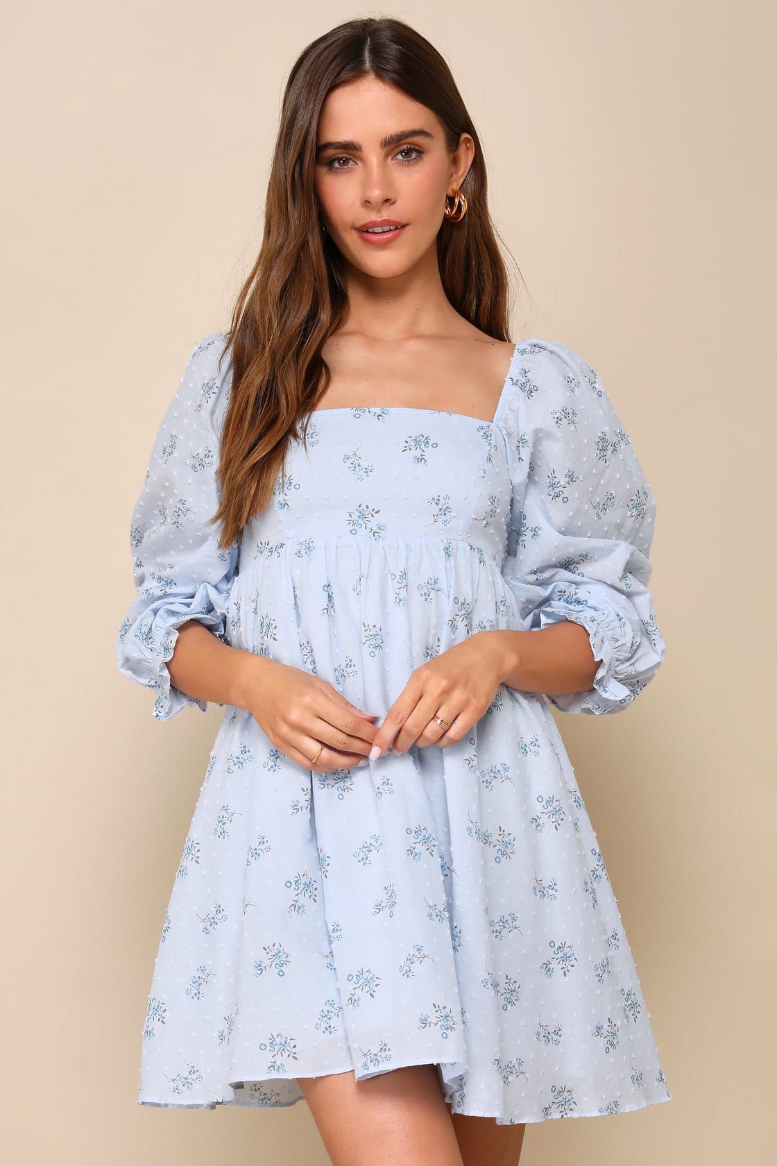 Always Charming Light Blue Floral Swiss Dot Babydoll Dress | Lulus