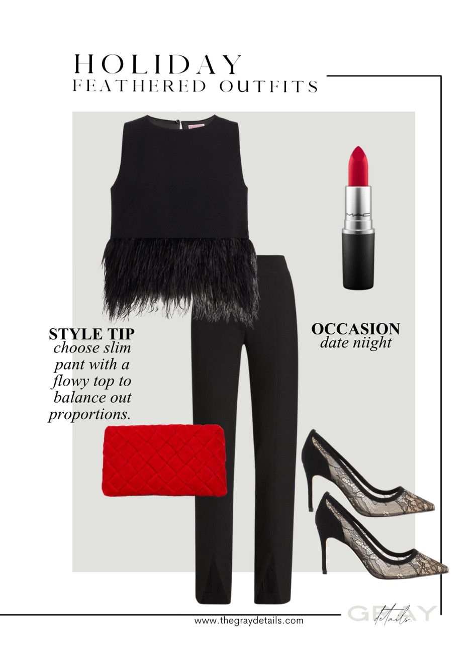 Holiday pant outfit for your next holiday party. Love this feather too for your holiday outfit paired with lace heels on sale at saks and a red lip!

#LTKsalealert #LTKstyletip #LTKHoliday