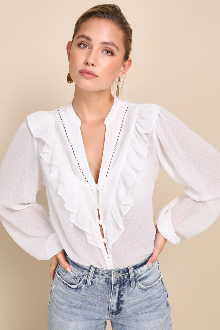 Daily Sophistication Ivory Swiss Dot Ruffled Button-Up Top | Lulus