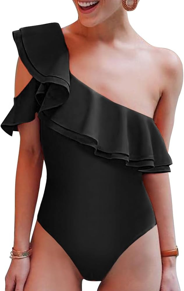 Hilor Women's One Piece Bathing Suit Asymmetric One Shoulder Swimsuits Ruffled Slimming Swimwear | Amazon (US)