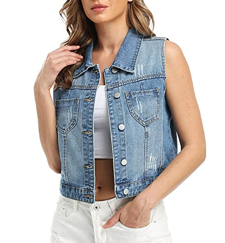 WUDODO Womens Denim Jean Vest Classic Cropped Distressed Spread Collar Sleeveless Jean Jacket | Amazon (US)