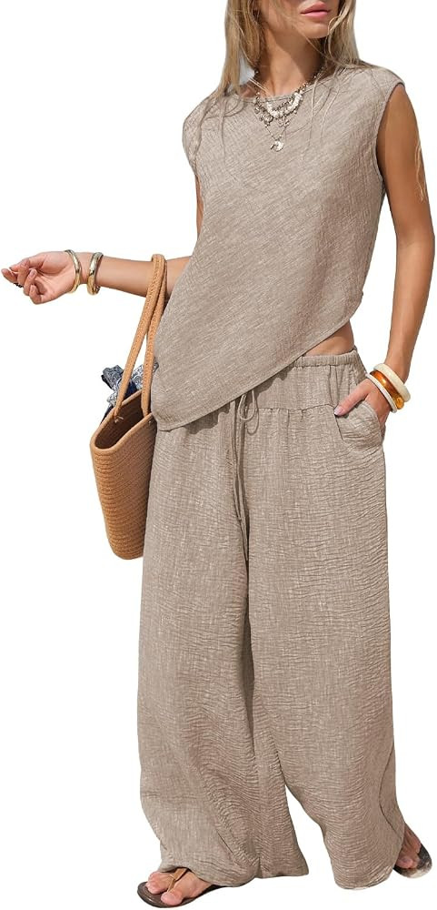EXLURA Womens Summer Two Piece Sets Cotton Asymmetrical Tank Tops Wide Leg Pants Set Faux Linen B... | Amazon (US)