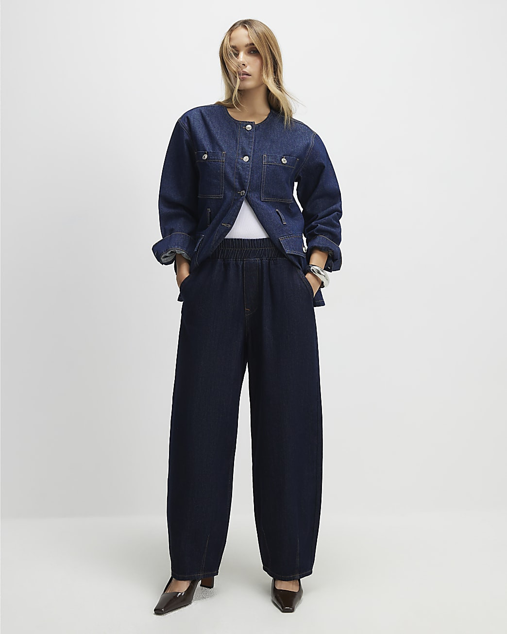 Blue Pull On Barrel Leg Jeans | River Island UK & IE