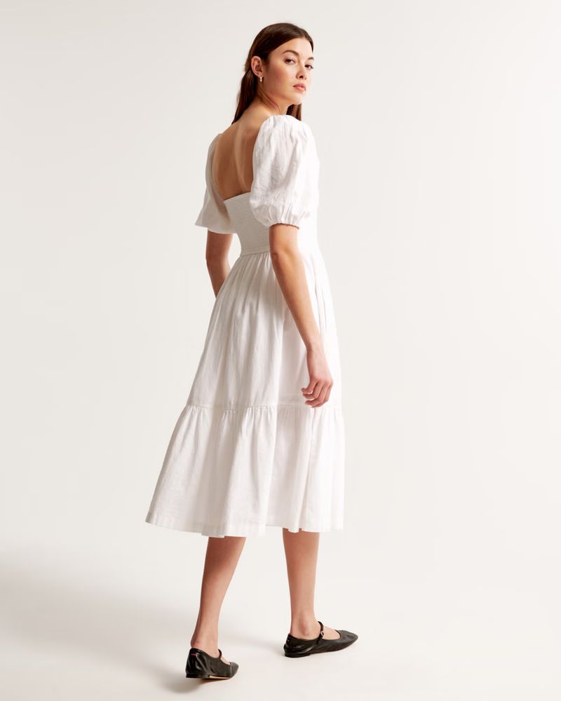 Women's Emerson Linen-Blend Puff Sleeve Midi Dress | Women's Dresses & Jumpsuits | Abercrombie.co... | Abercrombie & Fitch (UK)