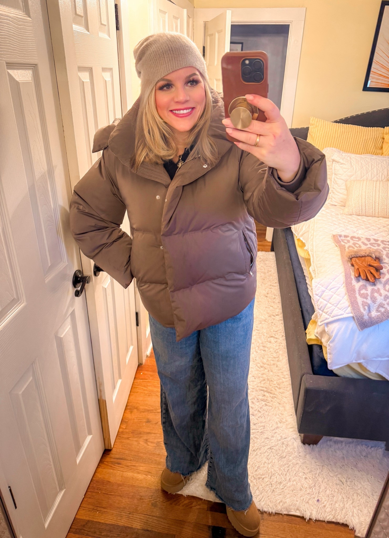 Baby, it's cold outside. Burrr.
This jacket is the warmest that I've ever owned. I love the color too.
I bought it in Florence, however it is sold here in the states.
Even though I'm not a hat girl , it is too cold today to not breakout my cashmere beanie.

Winter outfits, jeans, Uggs, wide leg jeans, hats, gloves

#LTKSeasonal #LTKootd #LTKmorningroutine