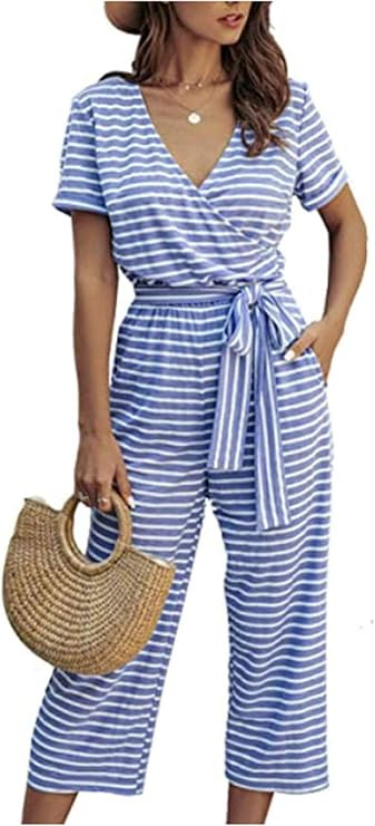 Kantenia Women's Jumpsuit Casual Short Sleeves V Neck Striped Drawstring Waist Belt Stretchy Long... | Amazon (CA)