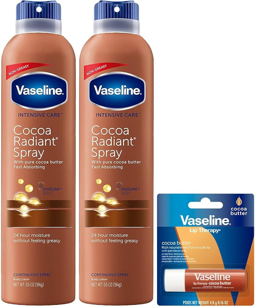 Vaseline Cocoa Radiant Spray 2-Pack for Dry Skin + Vaseline Lip Therapy Cocoa Butter Lip Balm (3 ... | Amazon (US)