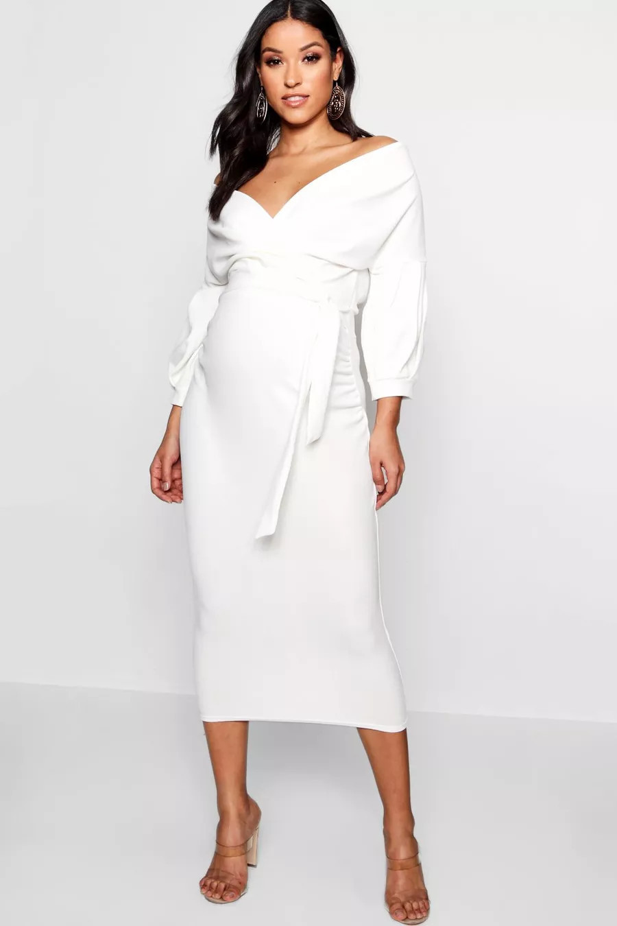 Maternity Off The Shoulder Wrap Midi Dress | Boohoo.com (US & CA)