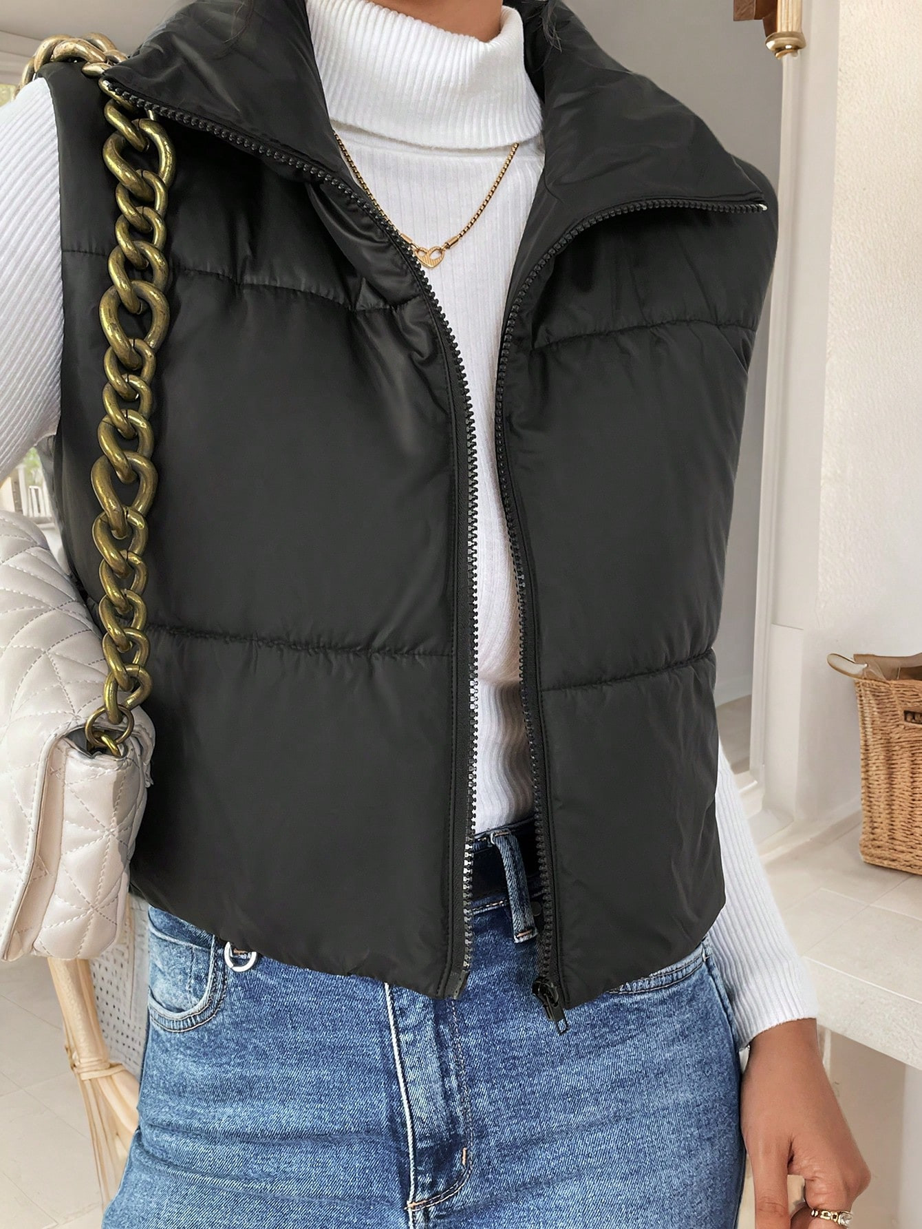 SHEIN Frenchy Women's Fall Winter Turndown Collar Quilted Sleeveless Short Padded Coat , Puffer V... | SHEIN