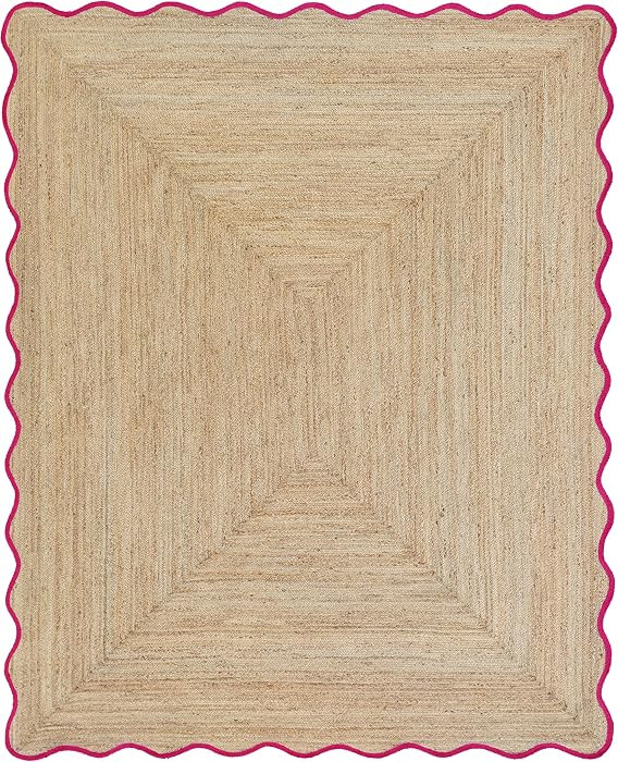 Wave Scalloped Natural Jute Boho Area Rug, Coastal Farmhouse Scallop Rug, Dark Pink (4'x6') | Amazon (US)