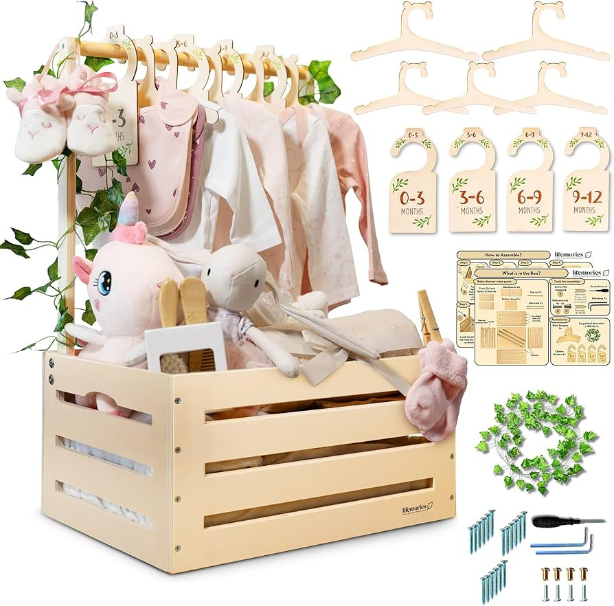 Wooden Baby Shower Crate Closet with Clothes Hangers & Dividers, Large Gift Basket for Boys & Gir... | Amazon (US)