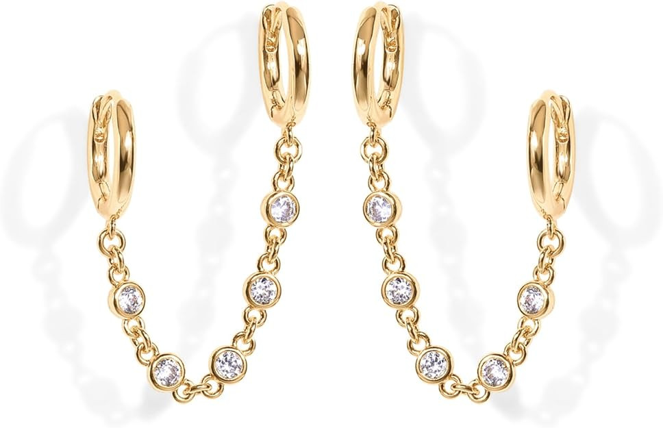 PAVOI 14K Gold Chain Earrings for Women | Double Piercing Dangle Chain Huggie Hoop Earrings | Cub... | Amazon (US)