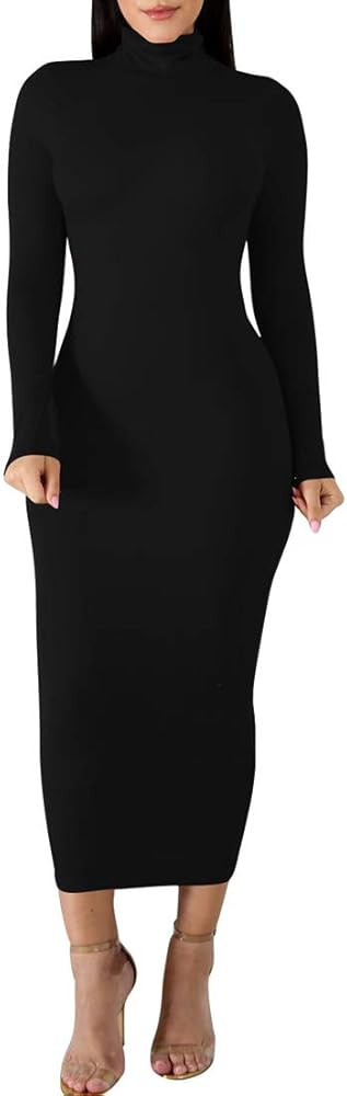 BORIFLORS Women's Sexy Basic Long Sleeve Turtleneck Bodycon Party Long Pencil Dress | Amazon (US)