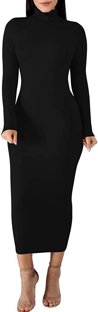 BORIFLORS Women's Sexy Basic Long Sleeve Turtleneck Bodycon Party Long Pencil Dress | Amazon (US)