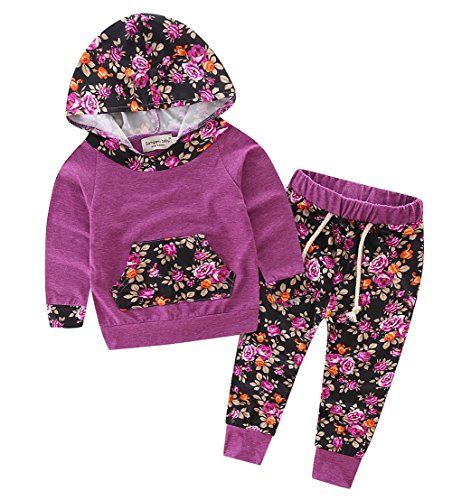 Baby Girls Floral Hoodie+ Floral Pant Set Leggings 2 Piece Outfits (18-24Months, Purple-red) | Amazon (US)