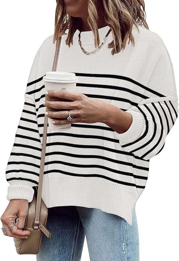 Oversized Sweaters for Women Fall 2024 Trendy Crewneck Batwing Long Sleeve Knit Tops Side Slit Pu... | Amazon (US)