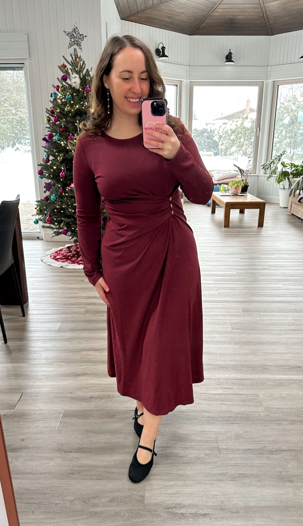 Ready for a holiday party in this new dress from Lintico! It is a thick wool and tencel blend fabric that feels warm without being too heavy. I love the ruched side details with the buttons and the asymmetrical hem. It feels super classy while still being ultra comfortable! Perfect for a work Christmas party 🎄

#LTKootd #LTKWorkwear #LTKHoliday
