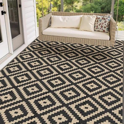 Waterproof Outdoor Rug Outdoor Plastic Straw Rug Reversible Patio Rug Large Outdoor Carpet Area Rug For Patio Backyard Picnic Beach Camping RV Black & | Wayfair North America
