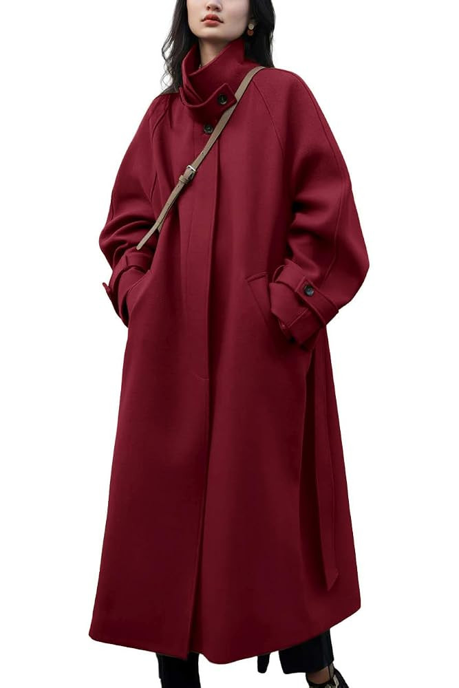chouyatou Women's Winter Hidden Single Breasted Wool Coat Raglan Sleeve Business Long Wool Overco... | Amazon (US)