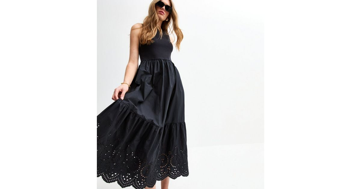 Black Rib Racerback Broderie Anglaise Embroidered Midi Dress | New Look | New Look (UK)