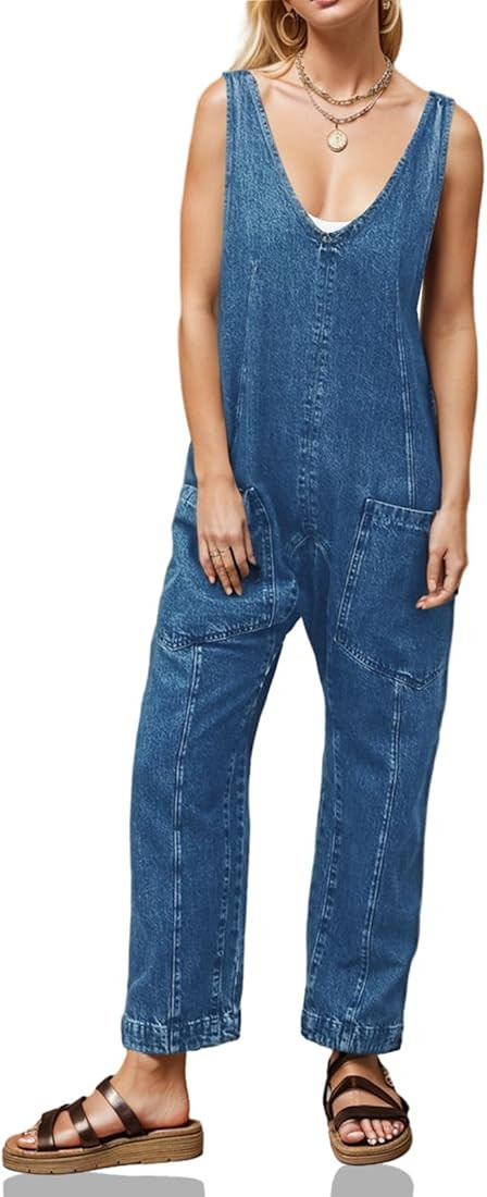 PLNOTME Women's Denim Overall Jumpsuits Sleeveless V Neck Adjustable Straps Jeans Long Pants Romp... | Amazon (US)