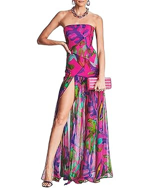 Women Tube Top Dress Tiger Stripe Mesh Patchwork Maxi Dress Strapless Sexy High Slit Long Dresses... | Amazon (US)