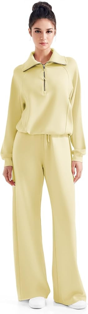 SUUKSESS Women 2 Piece Lounge Matching Set Wide Leg Sweatpant Half Zip Sweatshirt | Amazon (US)