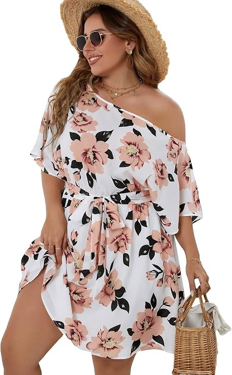 MakeMeChic Women's Plus Size Floral Off Shoulder Sleeve Belted Summer Midi Dress | Amazon (US)