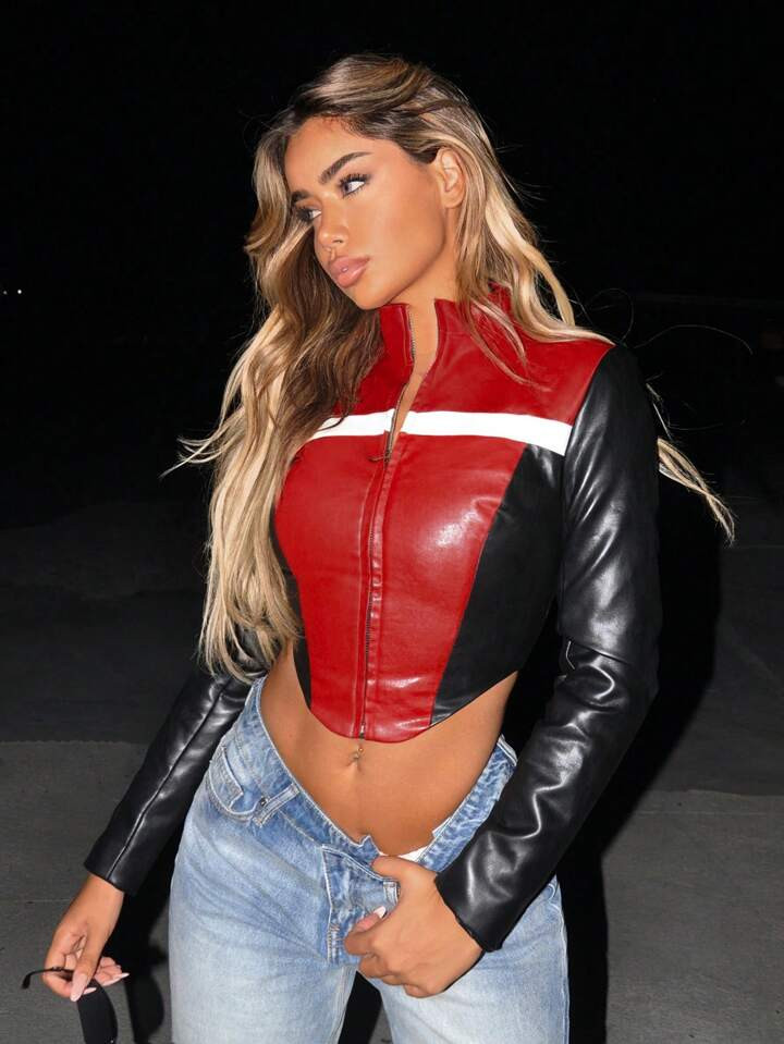 SHEIN ICON Colorblock Zip Up Crop PU Leather Bikercore Y2k Jacket | SHEIN