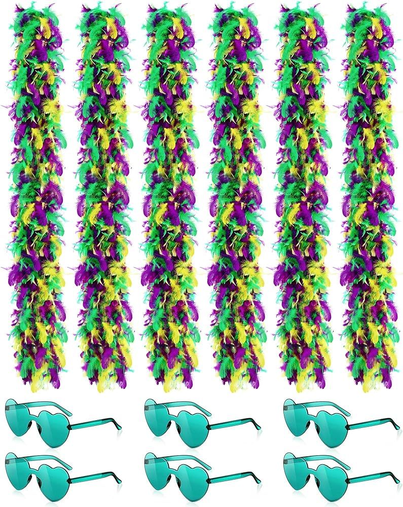 6 Pcs Mardi Gras Feather Boas 6 ft Colored Feathers Boas for Party with 6 Heart Rimless Sunglasse... | Amazon (US)