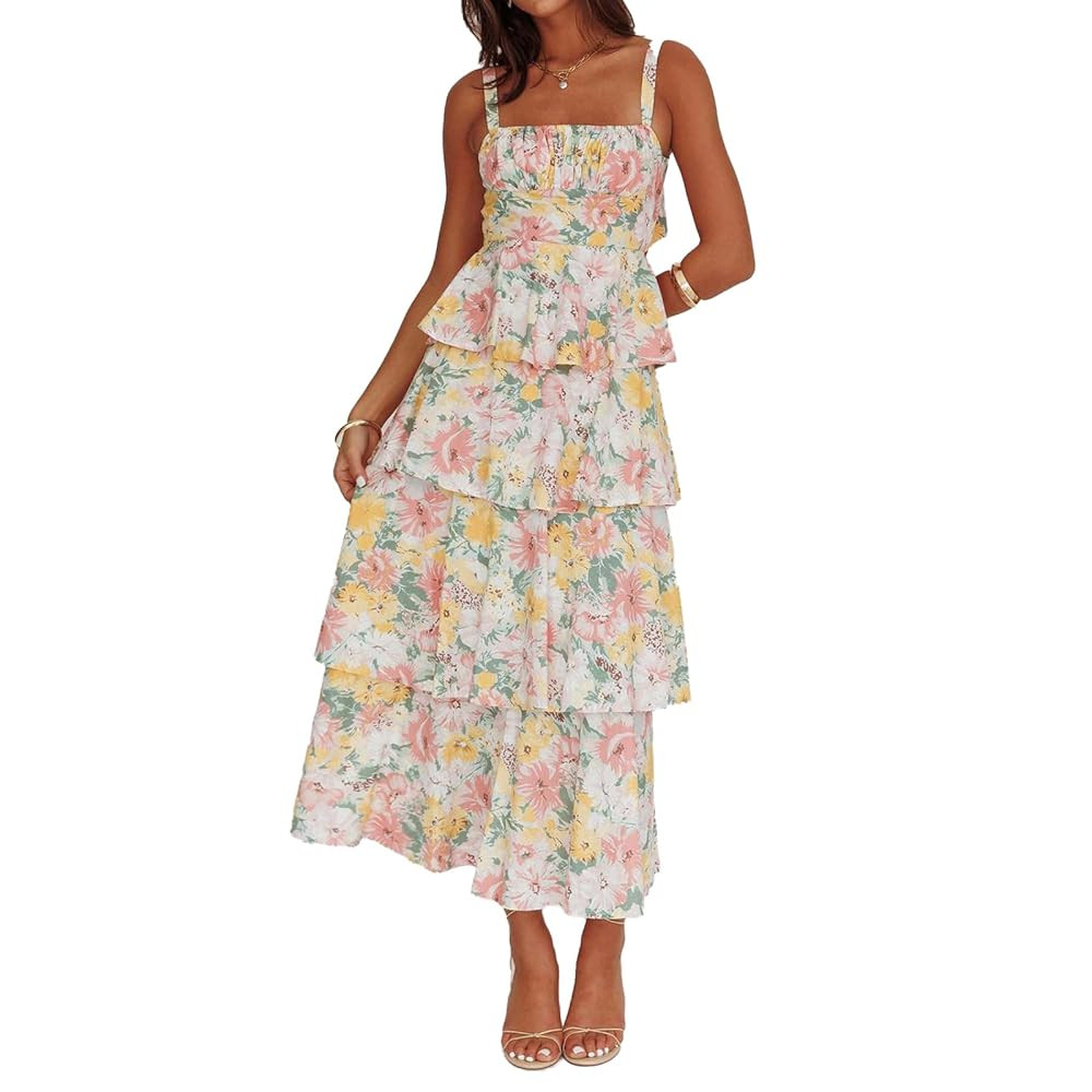 Women Floral Maxi Dress Sleeveless Bow Back Tiered Boho Flowy Long Dresses Summer Fall | Amazon (US)