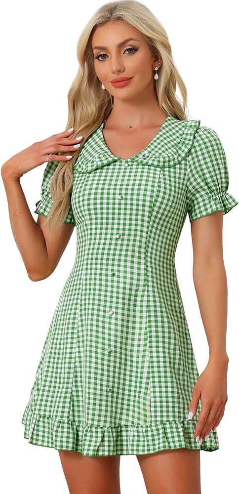 Allegra K Women's Gingham Checks Ruffled Peter Pan Collar 1960s Mini Dress | Amazon (US)
