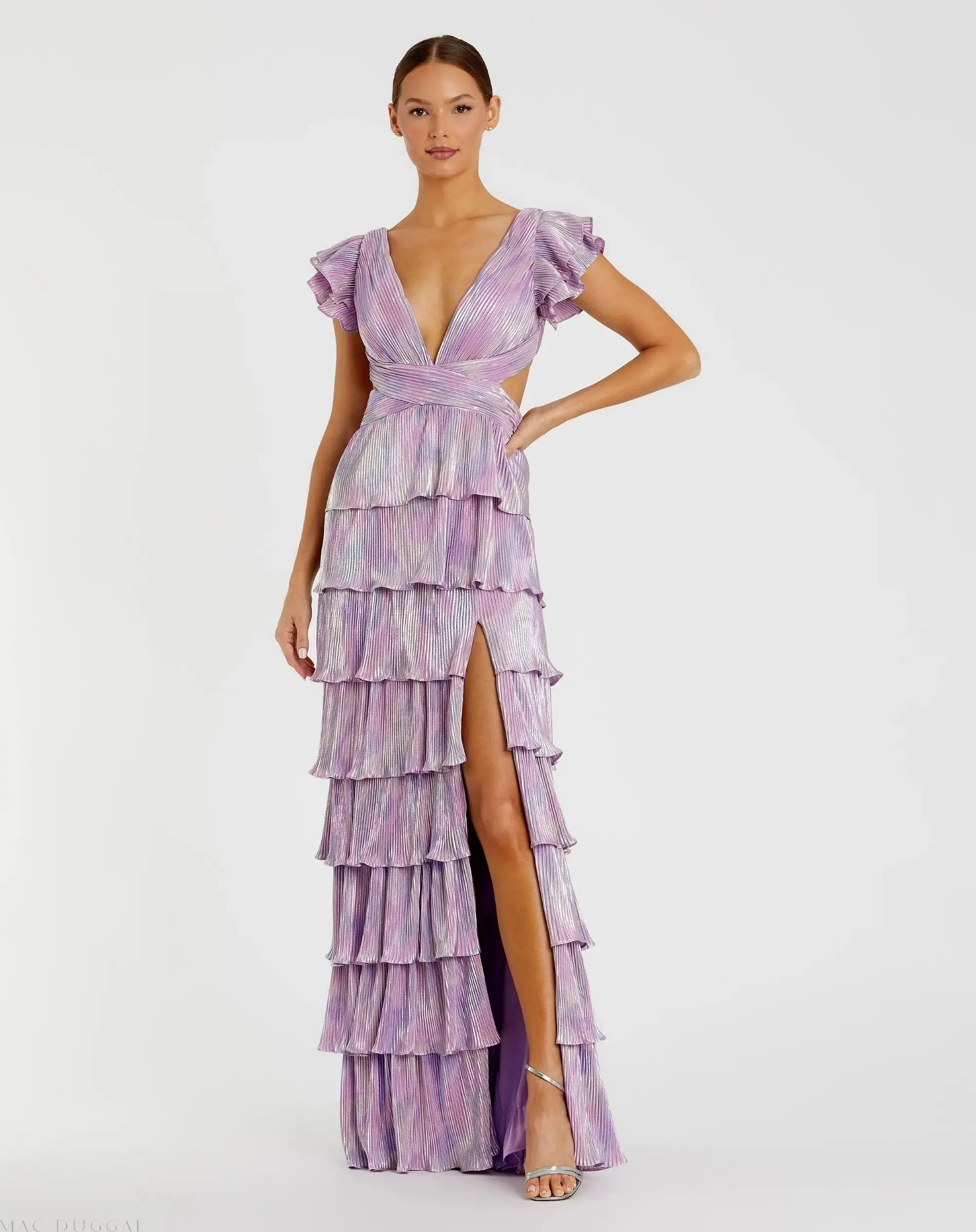Purple Ruffle Tiered Criss Cross Lace Up Gown - Mac Duggal | Mac Duggal