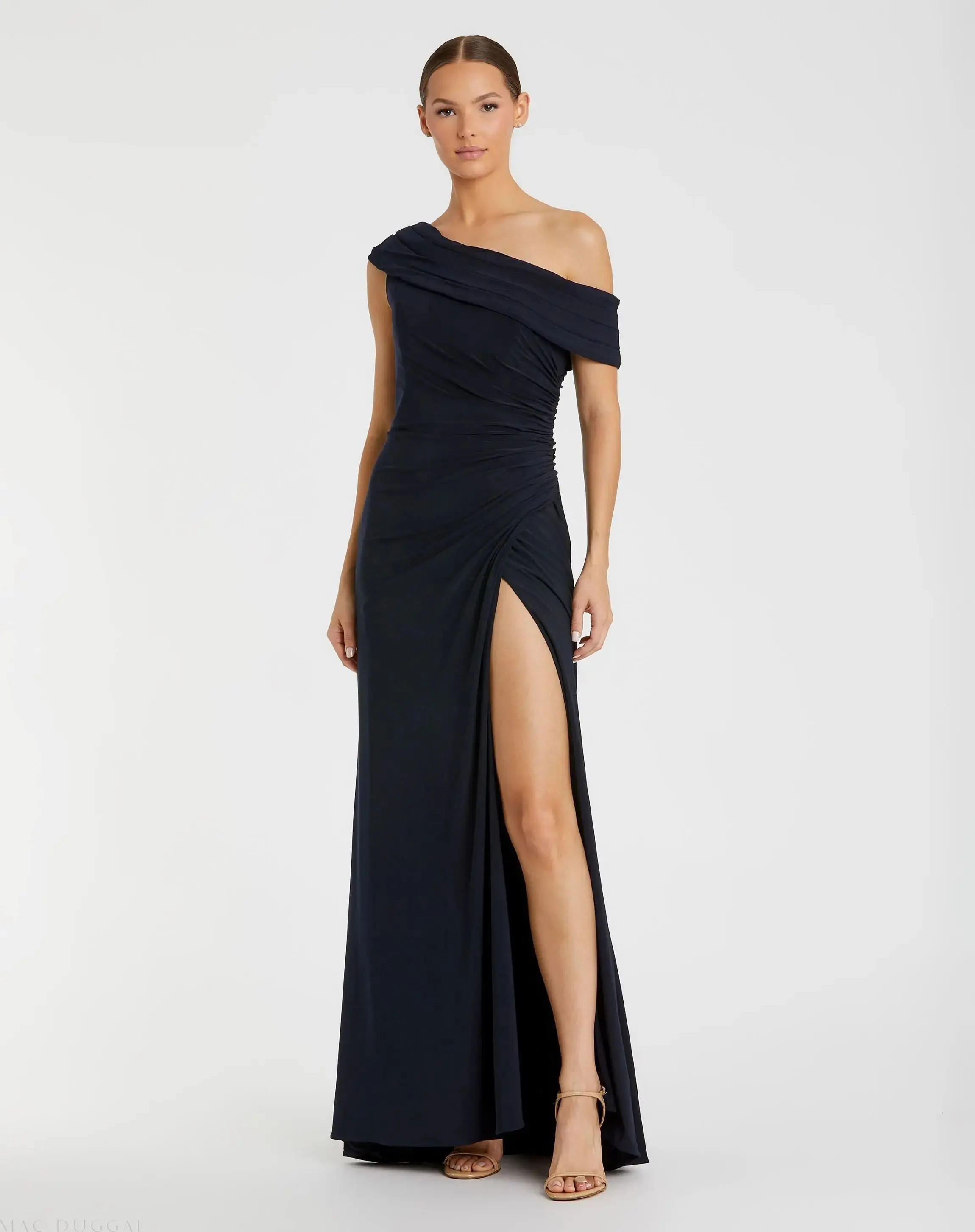 Navy Foldover Off-the-Shoulder Slit Gown - Mac Duggal | Mac Duggal