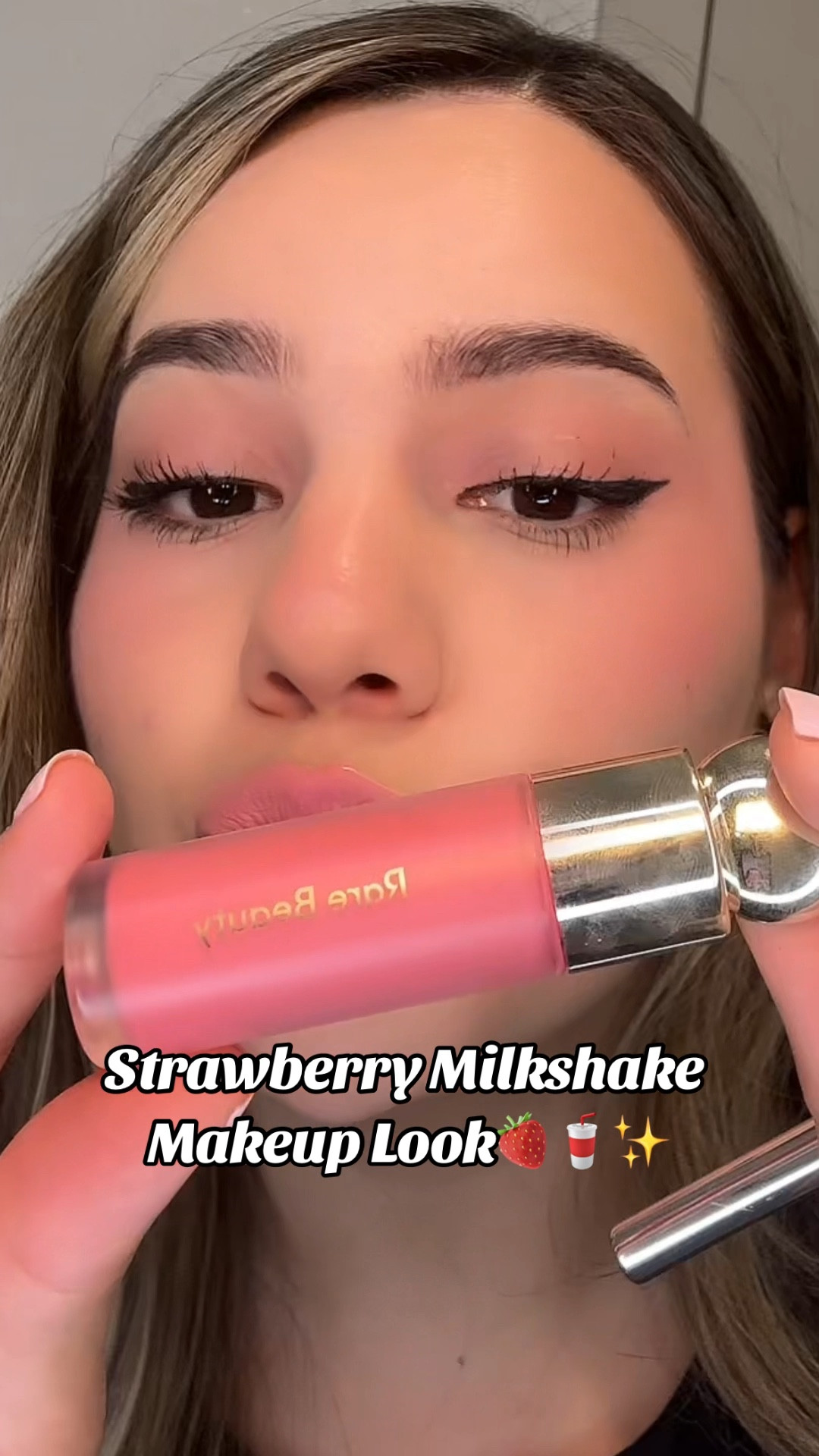 Strawberry milkshake inspired look using my Rare Beauty blush in shade Happy and Hope on cheeks, lips and eyelids!🥰🩷 

#LTKVideo #LTKBeauty #LTKGiftGuide
