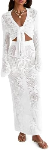 Saodimallsu Womens Crochet Swim Cover Up 2 Piece V Neck Long Sleeve Wrap Tie Crop Tops Beach Boho... | Amazon (US)