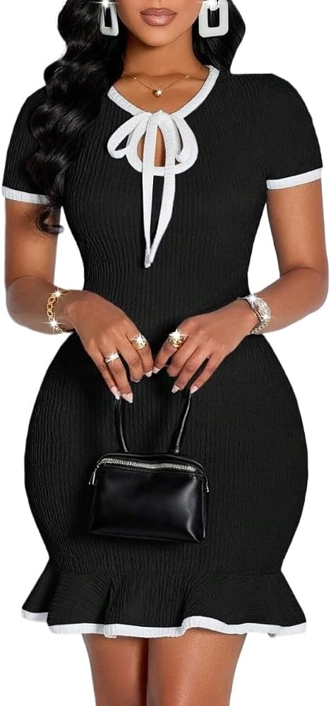Elegant Women's Bodycon Mini Dress, Sexy Knitted Fabric With Ruffle Hem And Tie Neck at Amazon Women\u2019s Clothing | Amazon (US)