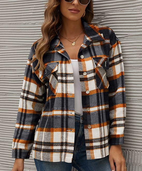 GYK Women's Button Down Shirts white&orange - White & Orange Plaid Shacket - Women | Zulily