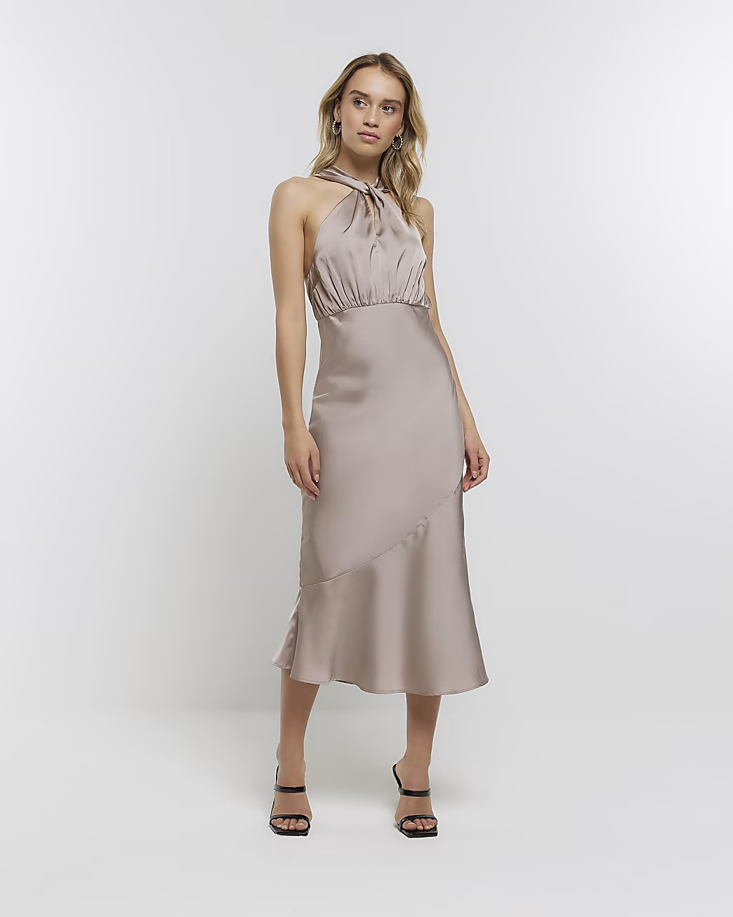 Cream satin halter neck slip midi dress | River Island (UK & IE)